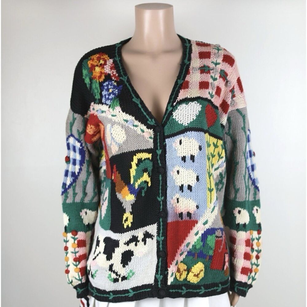 The Eagles Eye 1994 Vtg Chunky Knit Farm Cow Rooster Sheep Crop Cardigan Sweater